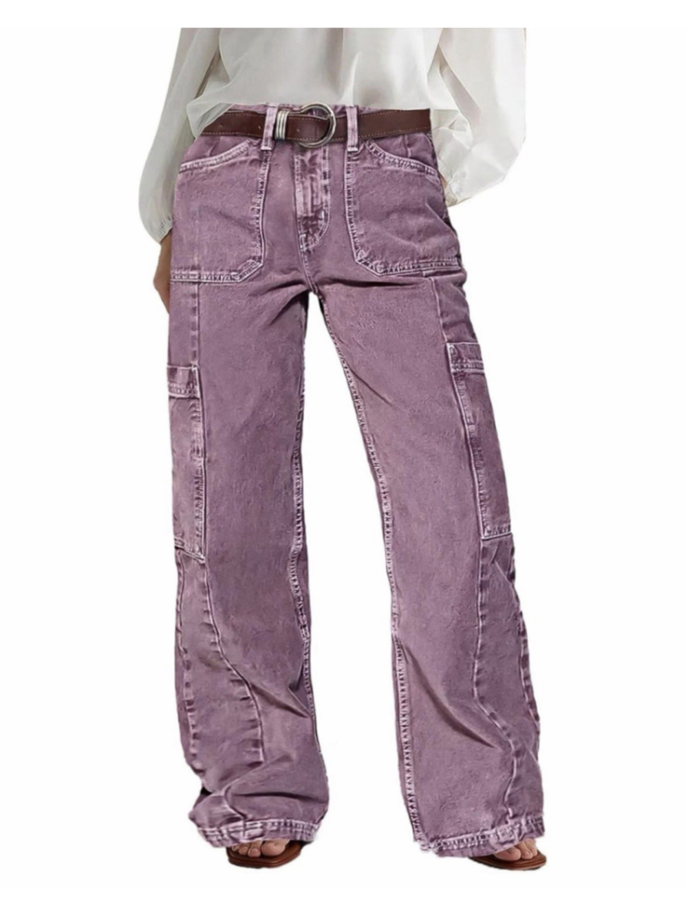 Flamingals Wide Leg Jeans for Women Mid Waist Baggy Stitch Decor Denim Washed XL